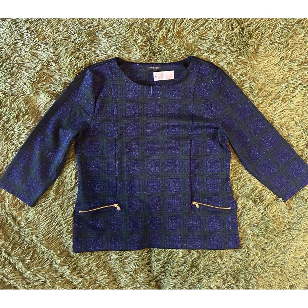 Talbots Petite Top PL Blue Metallic Plaid Tunic 3/4 Sleeve Zipper Pocket Holiday